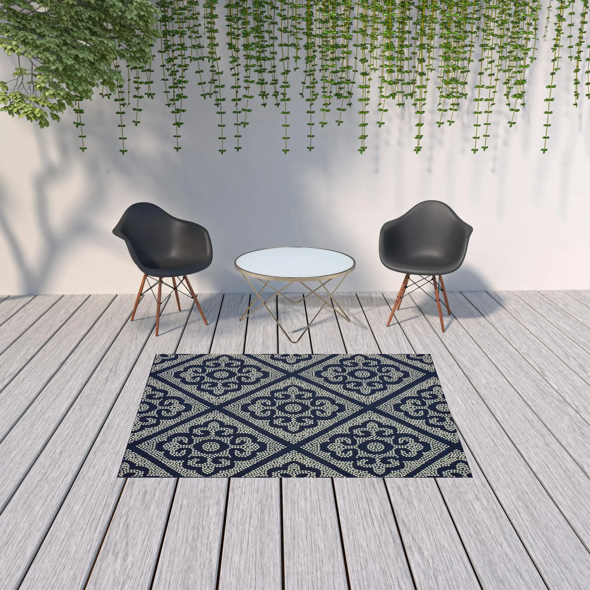 5' X 8' Blue and Ivory Geometric Stain Resistant Indoor Outdoor Area Rug - Image 2