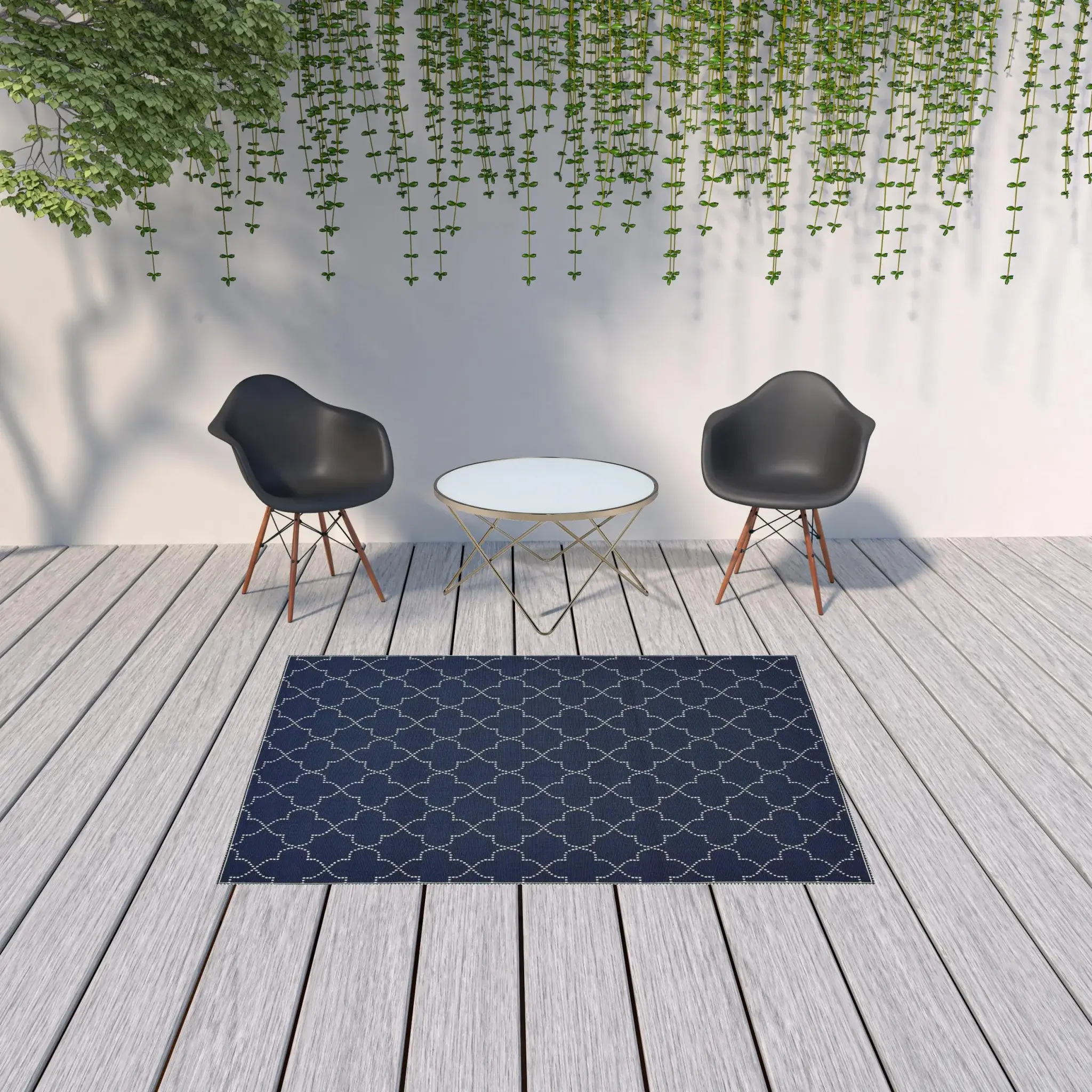 5' X 8' Blue and Ivory Geometric Stain Resistant Indoor Outdoor Area Rug - Image 2
