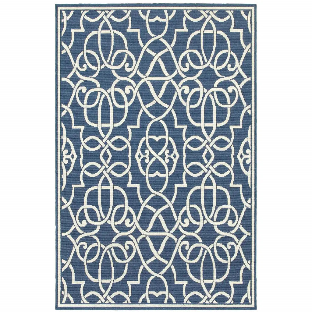 5' X 8' Blue and Ivory Geometric Stain Resistant Indoor Outdoor Area Rug