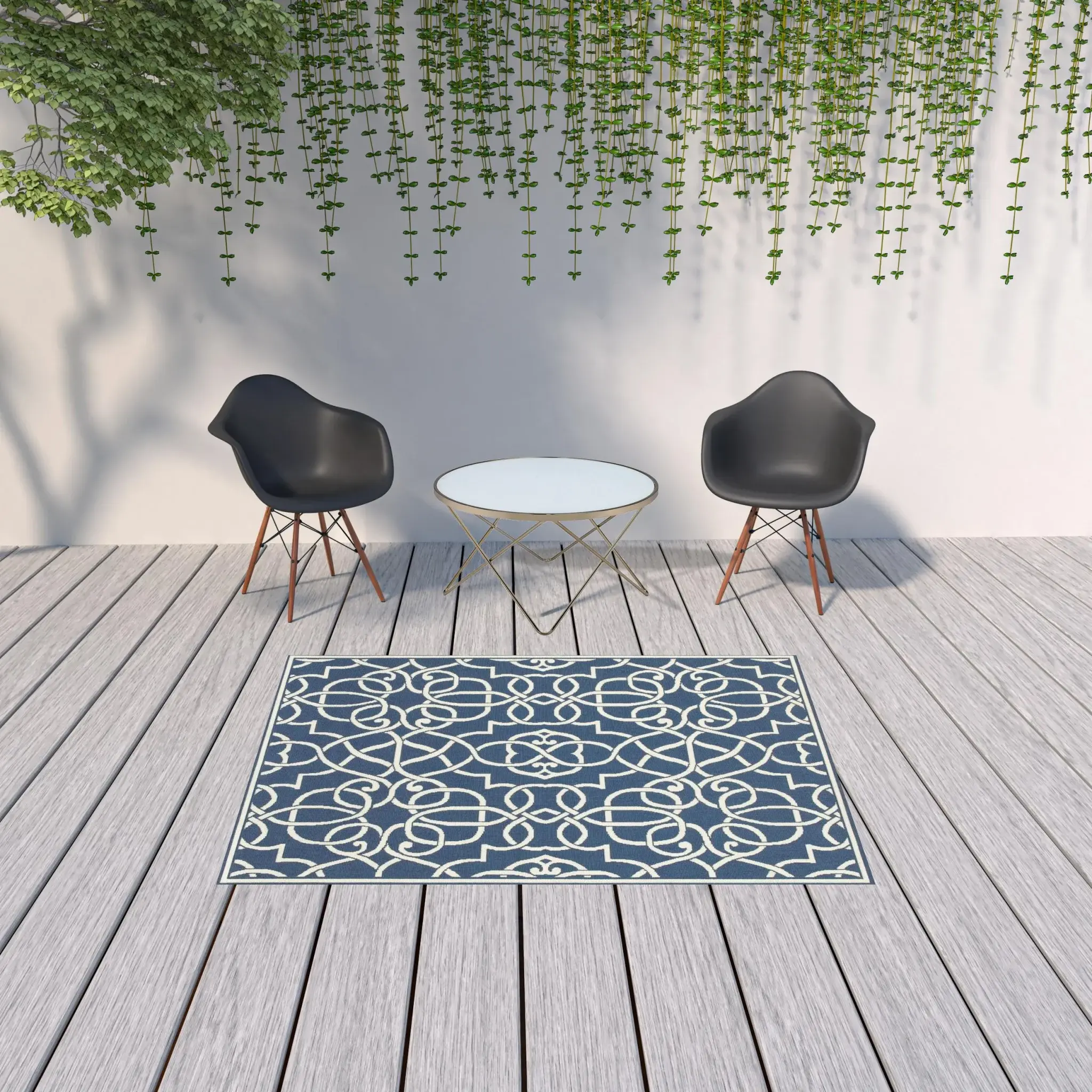 5' X 8' Blue and Ivory Geometric Stain Resistant Indoor Outdoor Area Rug - Image 2