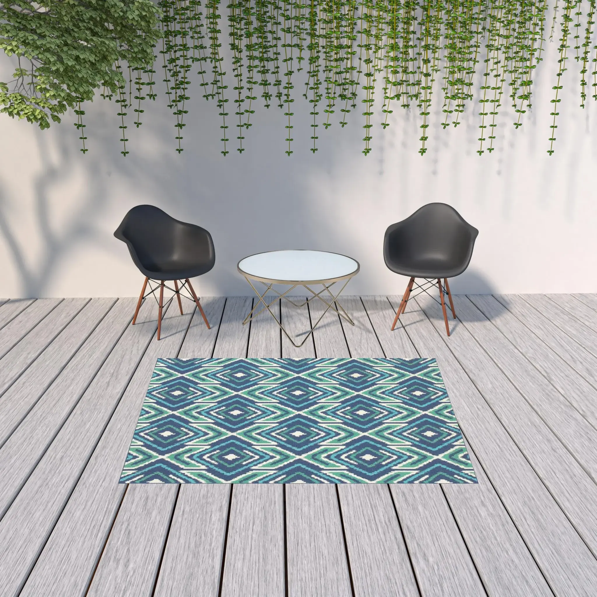 5' X 8' Blue and Ivory Geometric Stain Resistant Indoor Outdoor Area Rug - Image 2