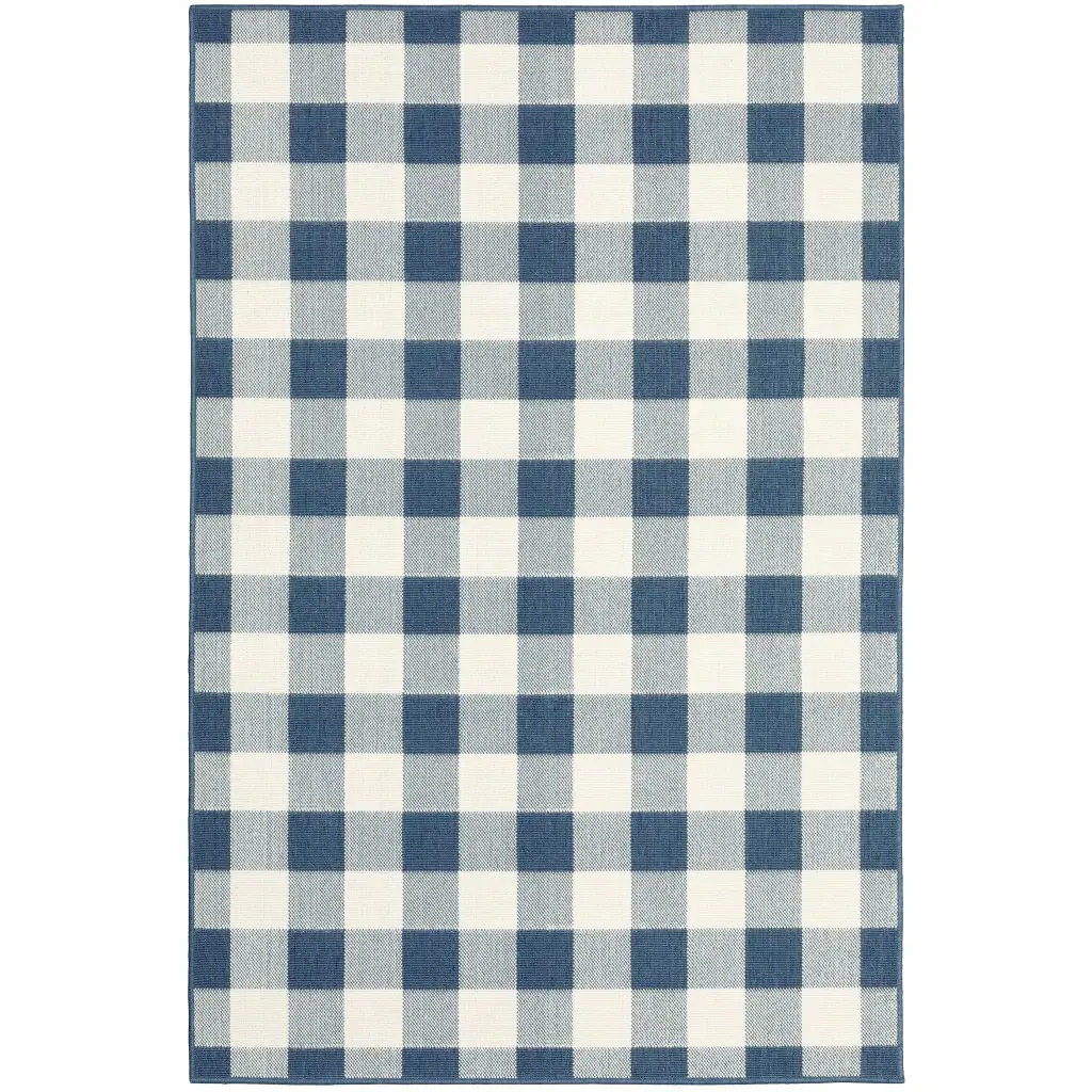 5' X 8' Blue and Ivory Geometric Stain Resistant Indoor Outdoor Area Rug