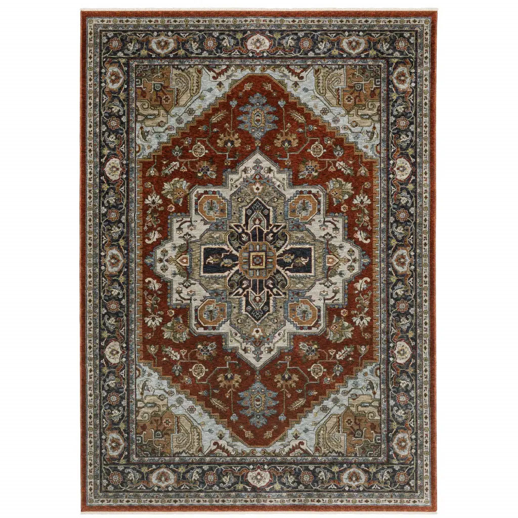 5' X 8' Blue Beige Grey Gold Green And Rust Red Oriental Power Loom Stain Resistant Area Rug With Fringe - Image 2