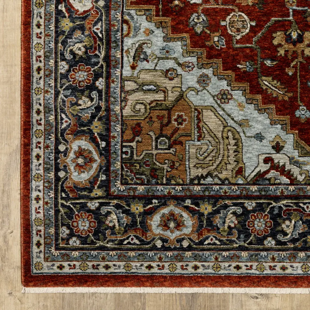 5' X 8' Blue Beige Grey Gold Green And Rust Red Oriental Power Loom Stain Resistant Area Rug With Fringe - Image 4