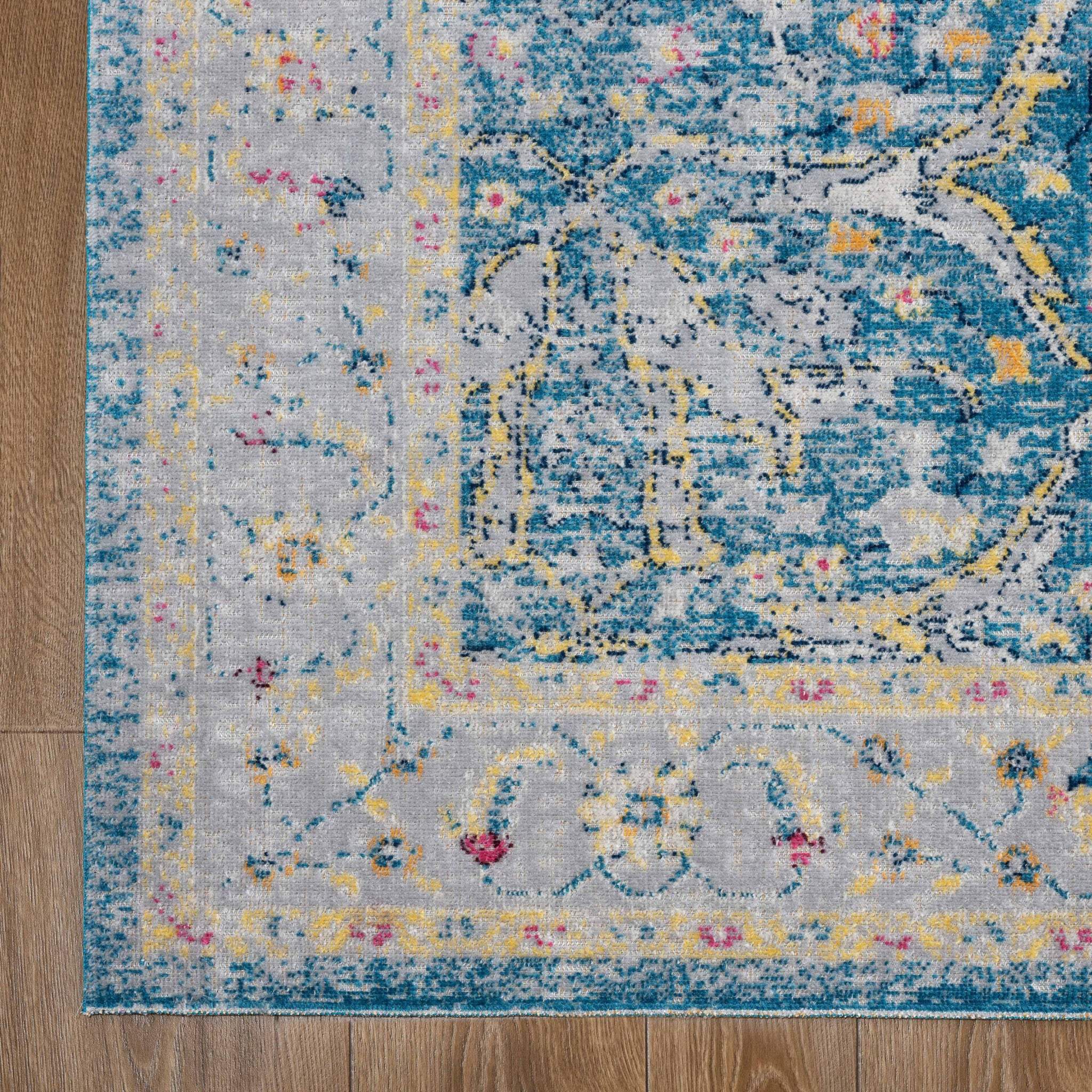5' X 8' Blue Floral Stain Resistant Indoor Outdoor Area Rug - Image 3