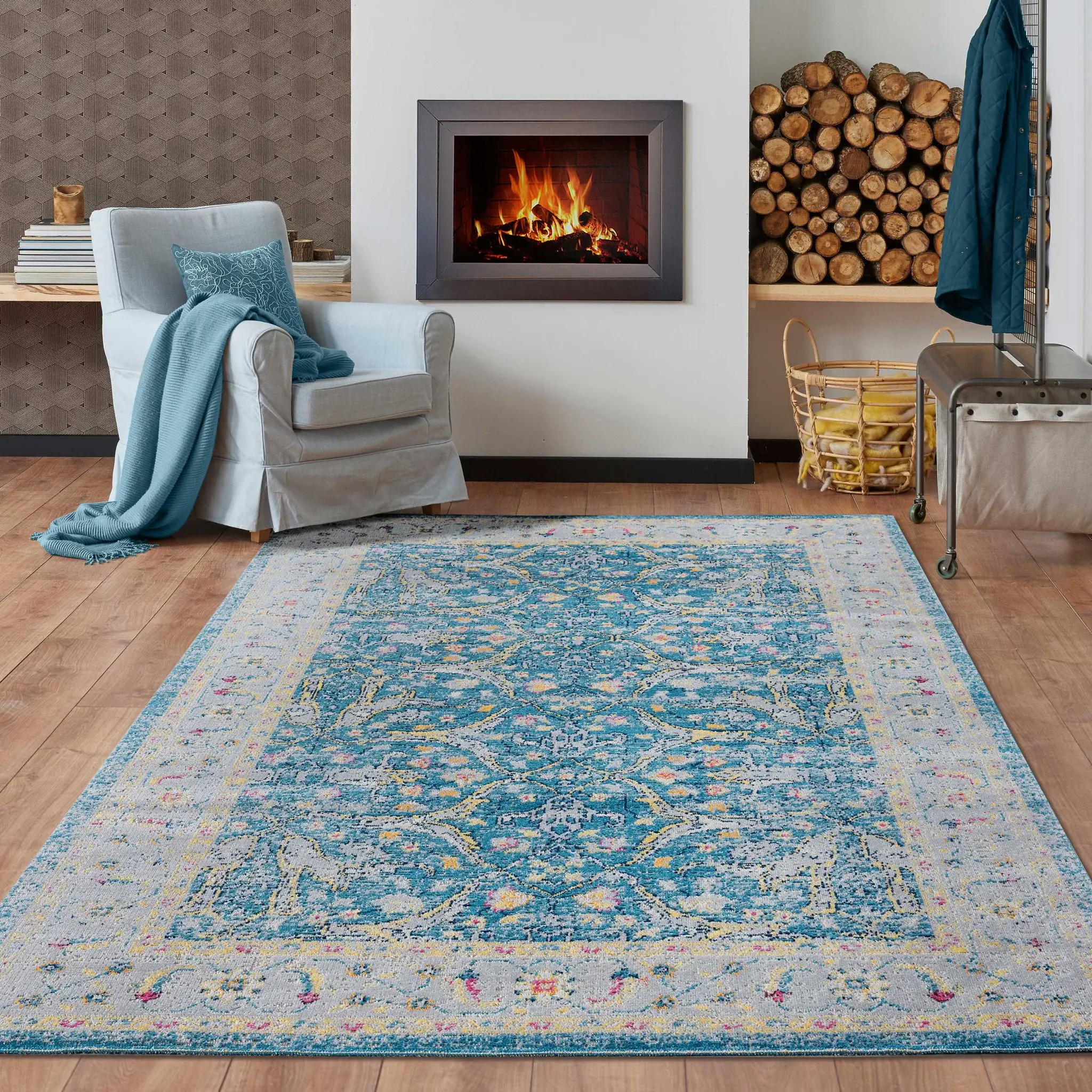 5' X 8' Blue Floral Stain Resistant Indoor Outdoor Area Rug - Image 6