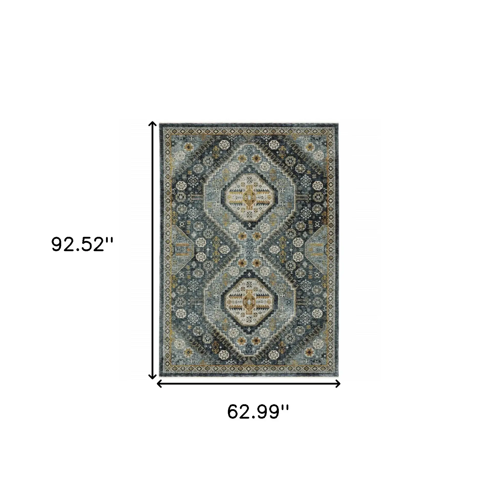5' X 8' Blue Gold Ivory And Navy Oriental Power Loom Stain Resistant Area Rug With Fringe - Image 3