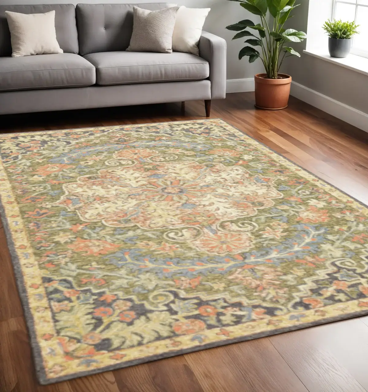 5' X 8' Blue Green Clay And Gold Oriental Tufted Handmade Stain Resistant Area Rug