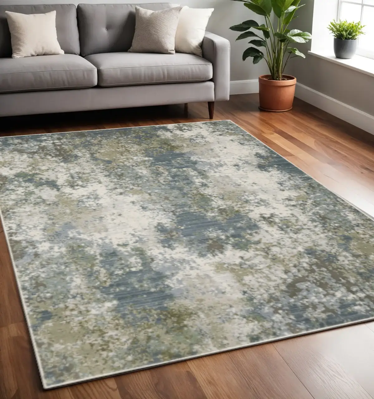 5' X 8' Blue Grey Green And Beige Abstract Power Loom Stain Resistant Area Rug - Image 2
