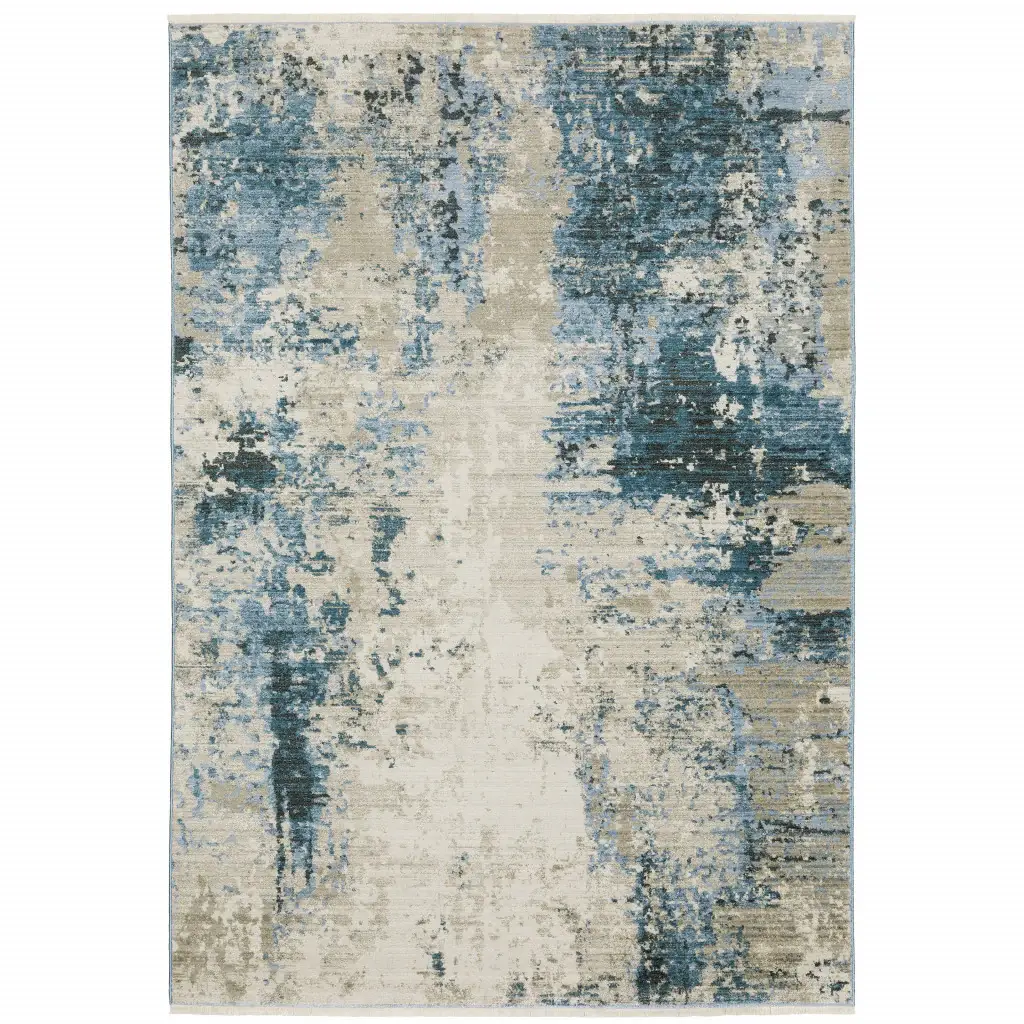 5' X 8' Blue Grey Ivory Light Blue And Dark Blue Abstract Power Loom Stain Resistant Area Rug With Fringe - Image 2