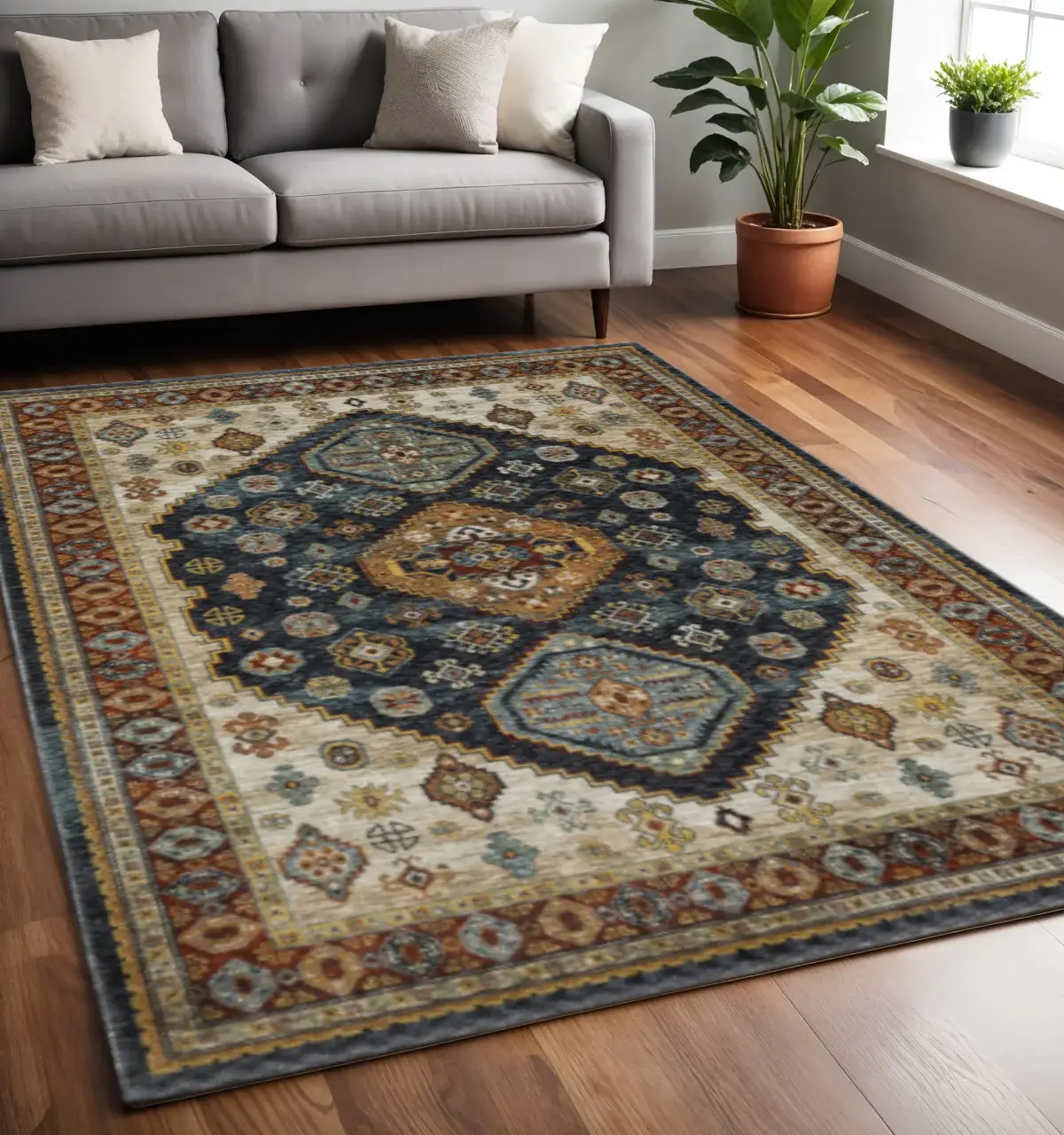 5' X 8' Blue Red Beige Orange Gold And Tan Oriental Power Loom Stain Resistant Area Rug With Fringe