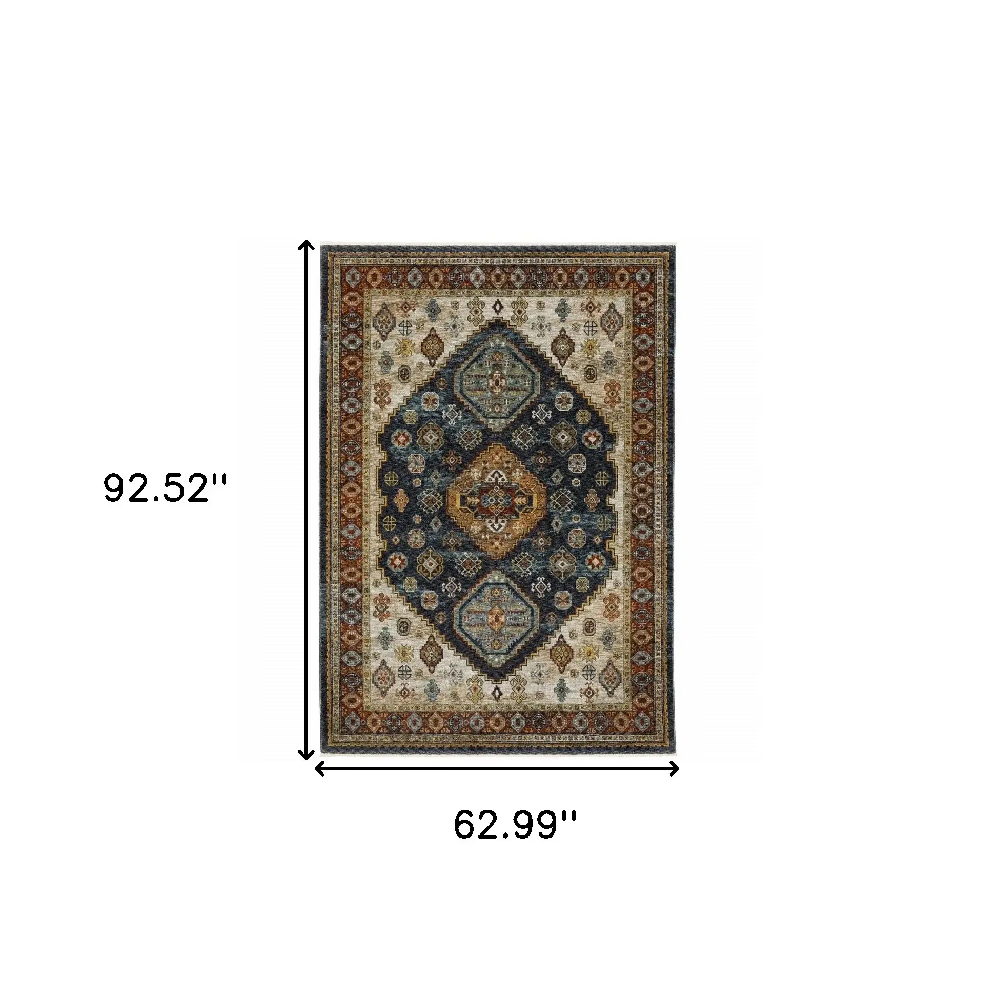 5' X 8' Blue Red Beige Orange Gold And Tan Oriental Power Loom Stain Resistant Area Rug With Fringe - Image 3