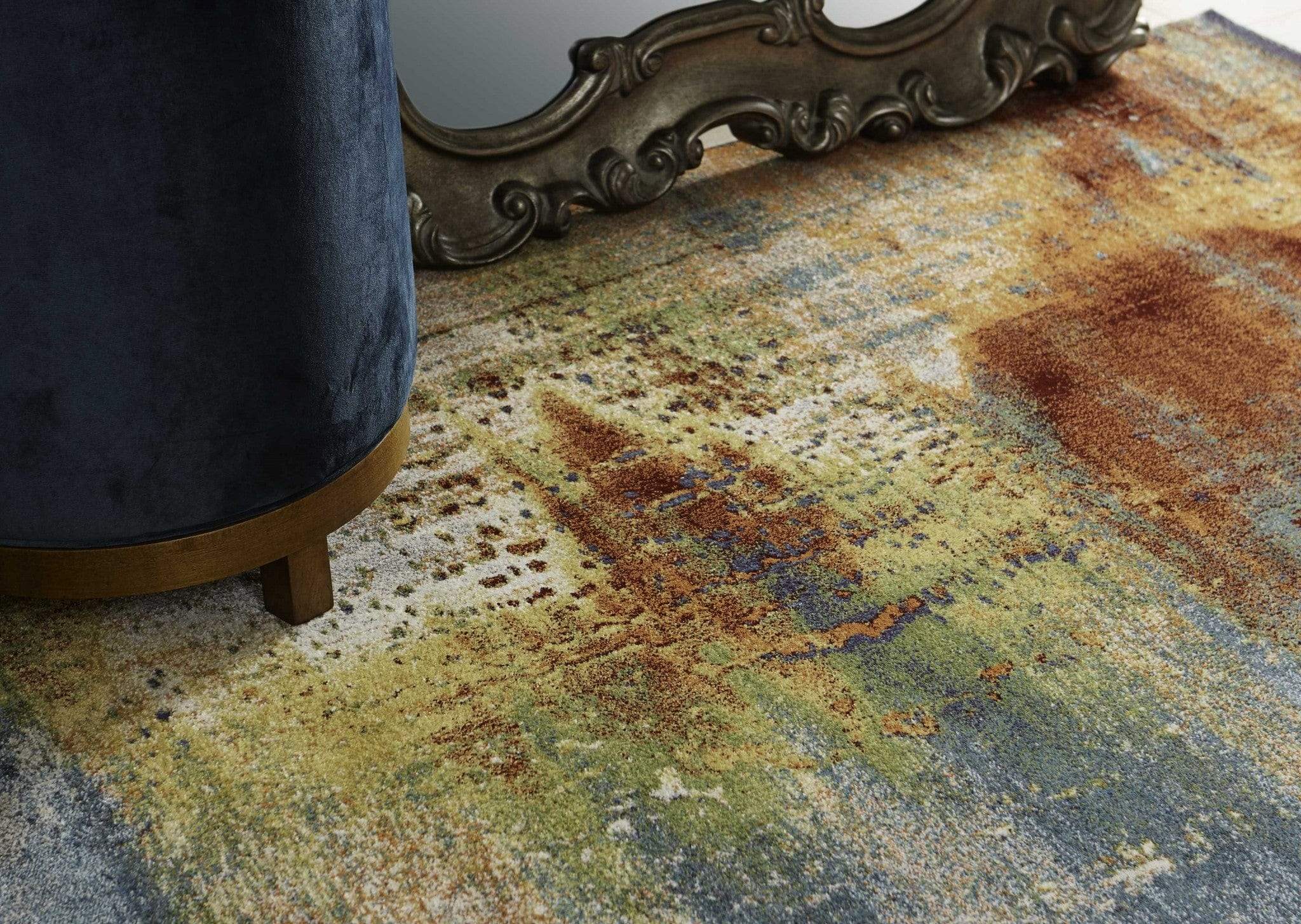 5' X 8' Blue Rust Orange Machine Woven Abstract Brushstrokes Indoor Area Rug - Image 4