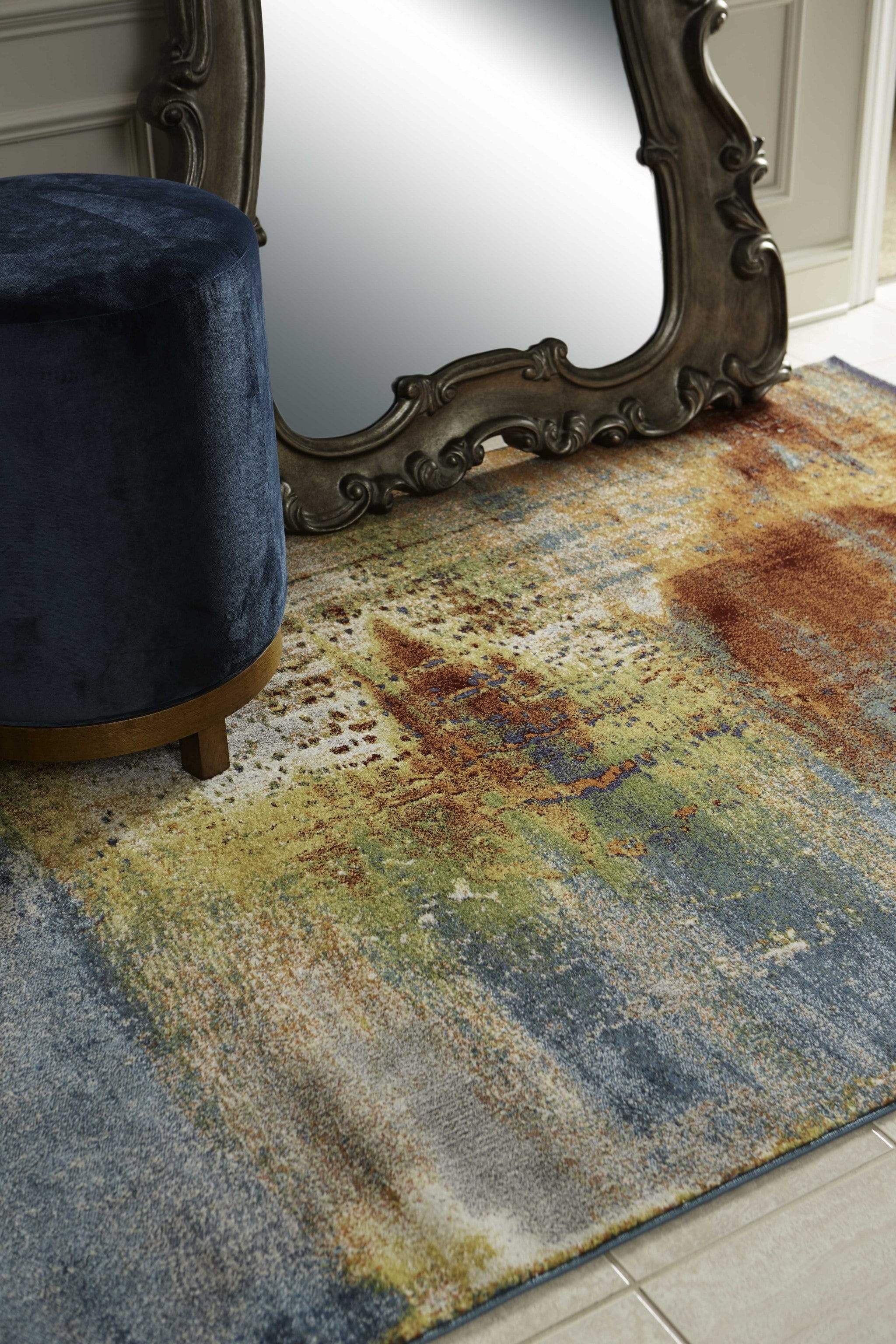 5' X 8' Blue Rust Orange Machine Woven Abstract Brushstrokes Indoor Area Rug - Image 5