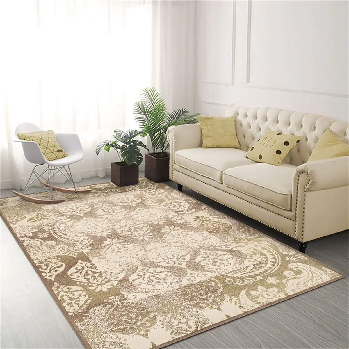5' X 8' Brown Damask Power Loom Distressed Stain Resistant Area Rug - Image 5