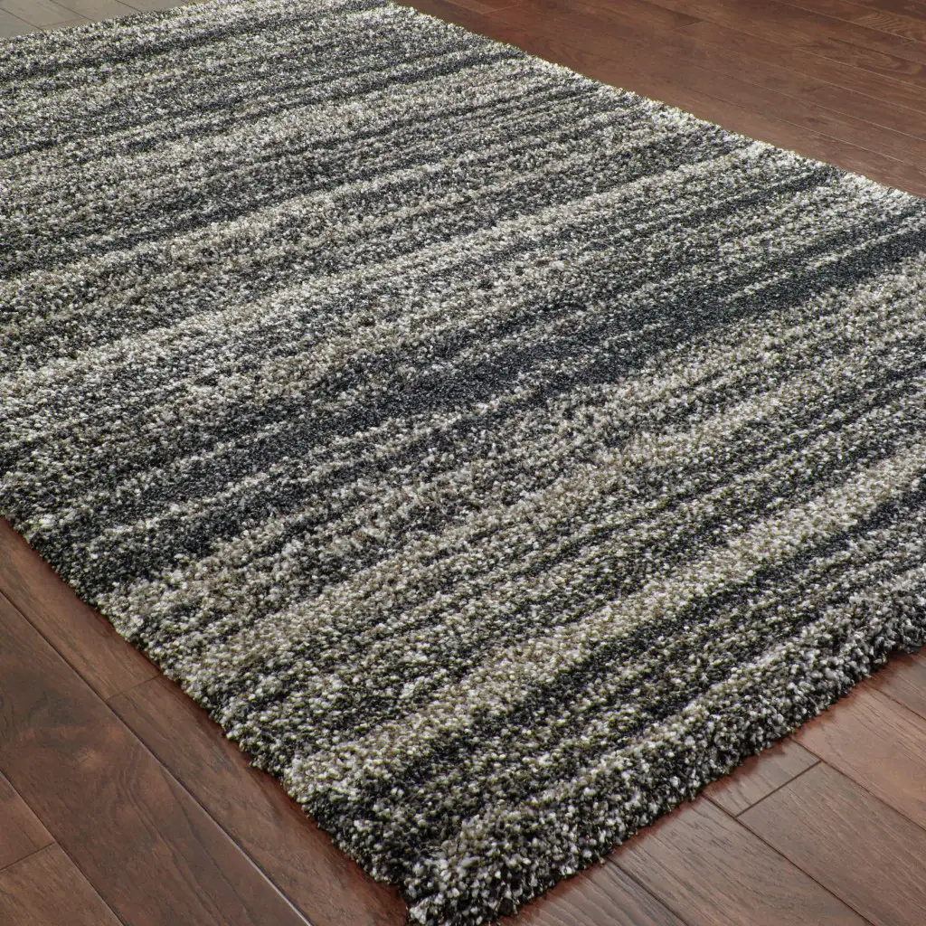 5' X 8' Charcoal Silver And Grey Geometric Shag Power Loom Stain Resistant Area Rug - Image 3