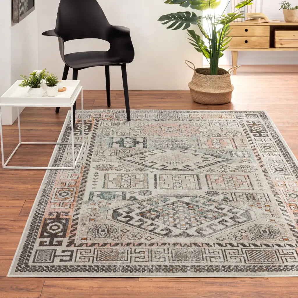 5' X 8' Cream Geometric Stain Resistant Indoor Outdoor Area Rug - Image 7