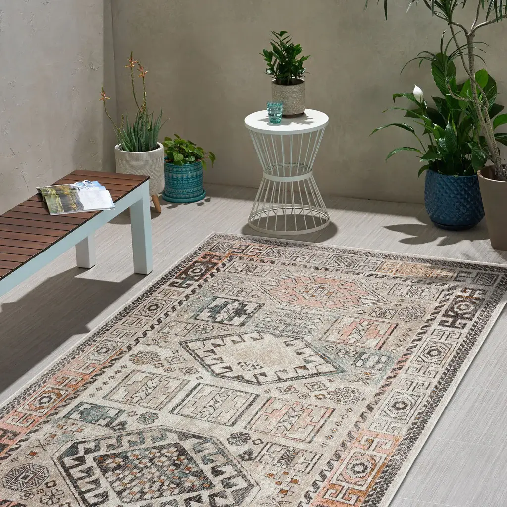 5' X 8' Cream Geometric Stain Resistant Indoor Outdoor Area Rug - Image 8