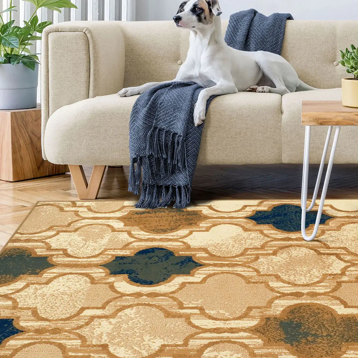 5' X 8' Cream Quatrefoil Power Loom Distressed Stain Resistant Area Rug - Image 2