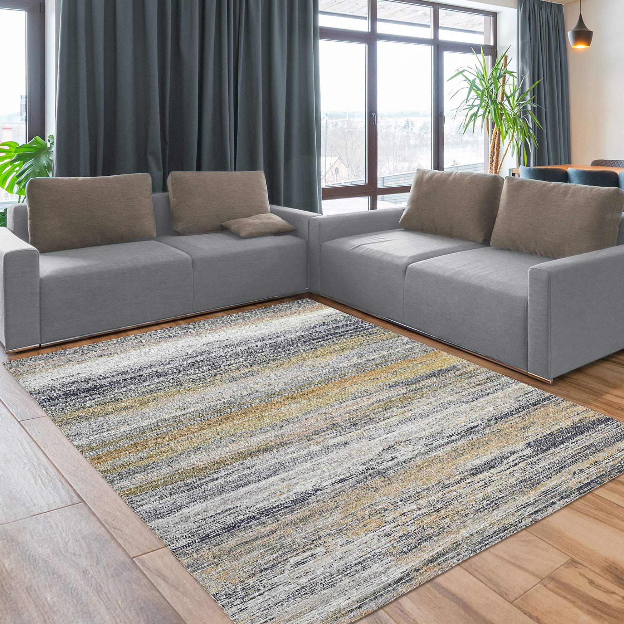 5' X 8' Gold Abstract Stain Resistant Area Rug - Image 6