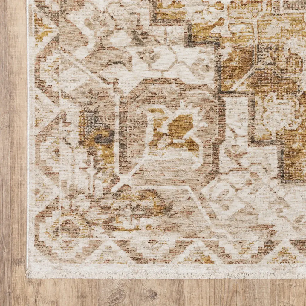 5' X 8' Gold And Ivory Oriental Power Loom Stain Resistant Area Rug With Fringe - Image 3