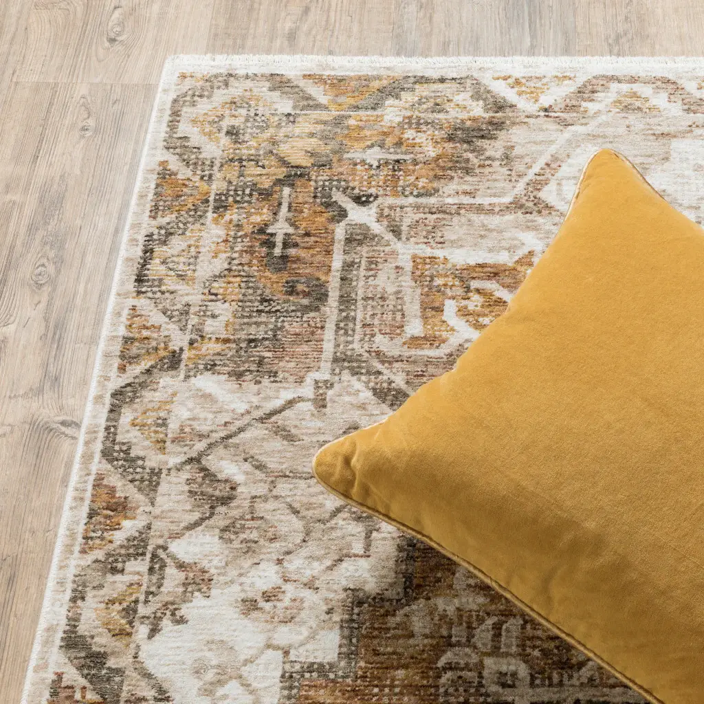 5' X 8' Gold And Ivory Oriental Power Loom Stain Resistant Area Rug With Fringe - Image 6