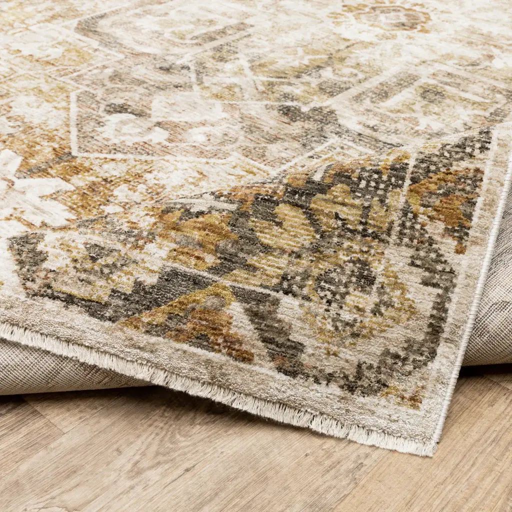 5' X 8' Gold And Ivory Oriental Power Loom Stain Resistant Area Rug With Fringe - Image 8