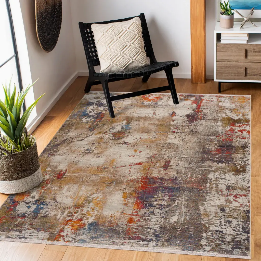 5' X 8' Gray And Ivory Abstract Power Loom Distressed Stain Resistant Area Rug - Image 6