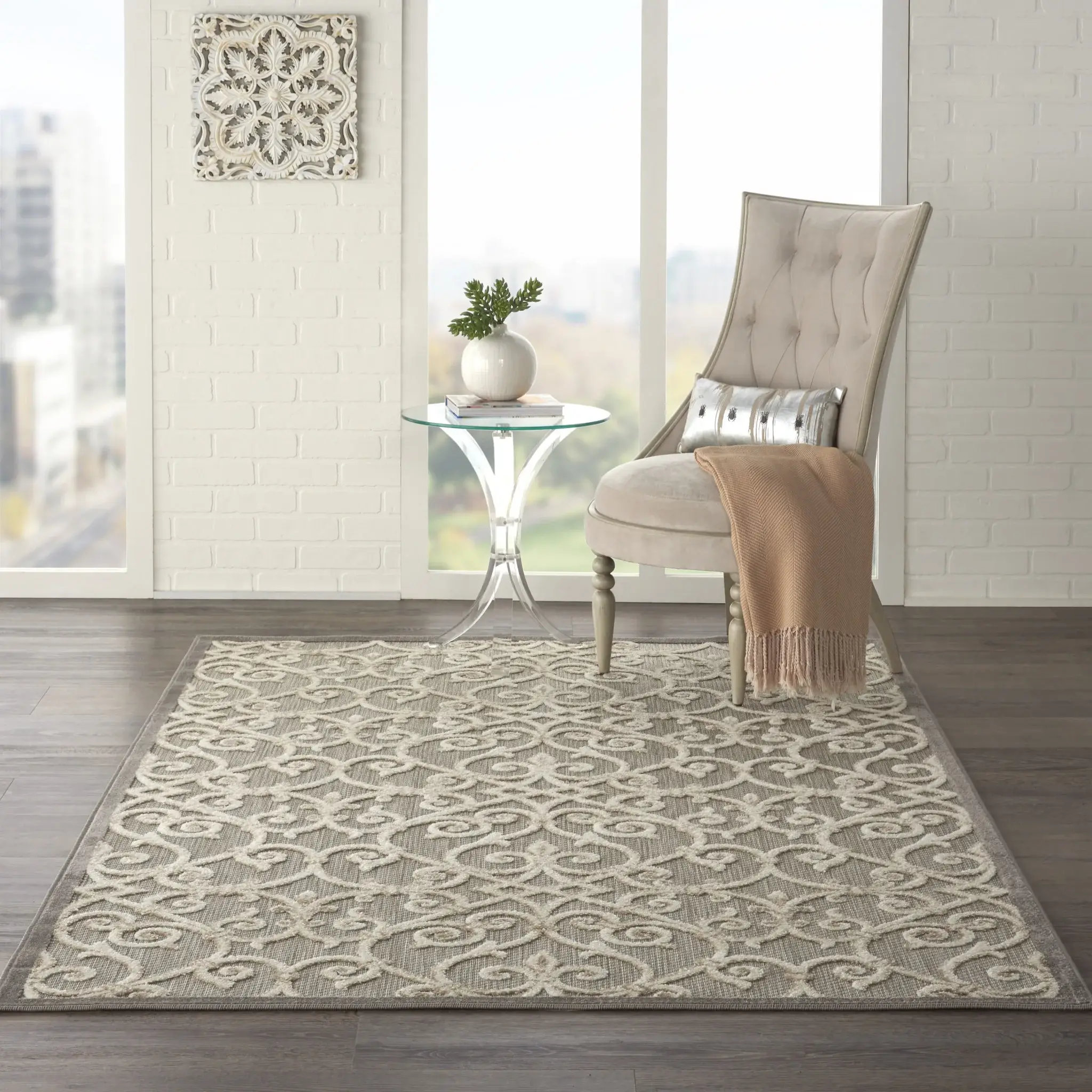 5' X 8' Gray And Ivory Floral Indoor Outdoor Area Rug - Image 3