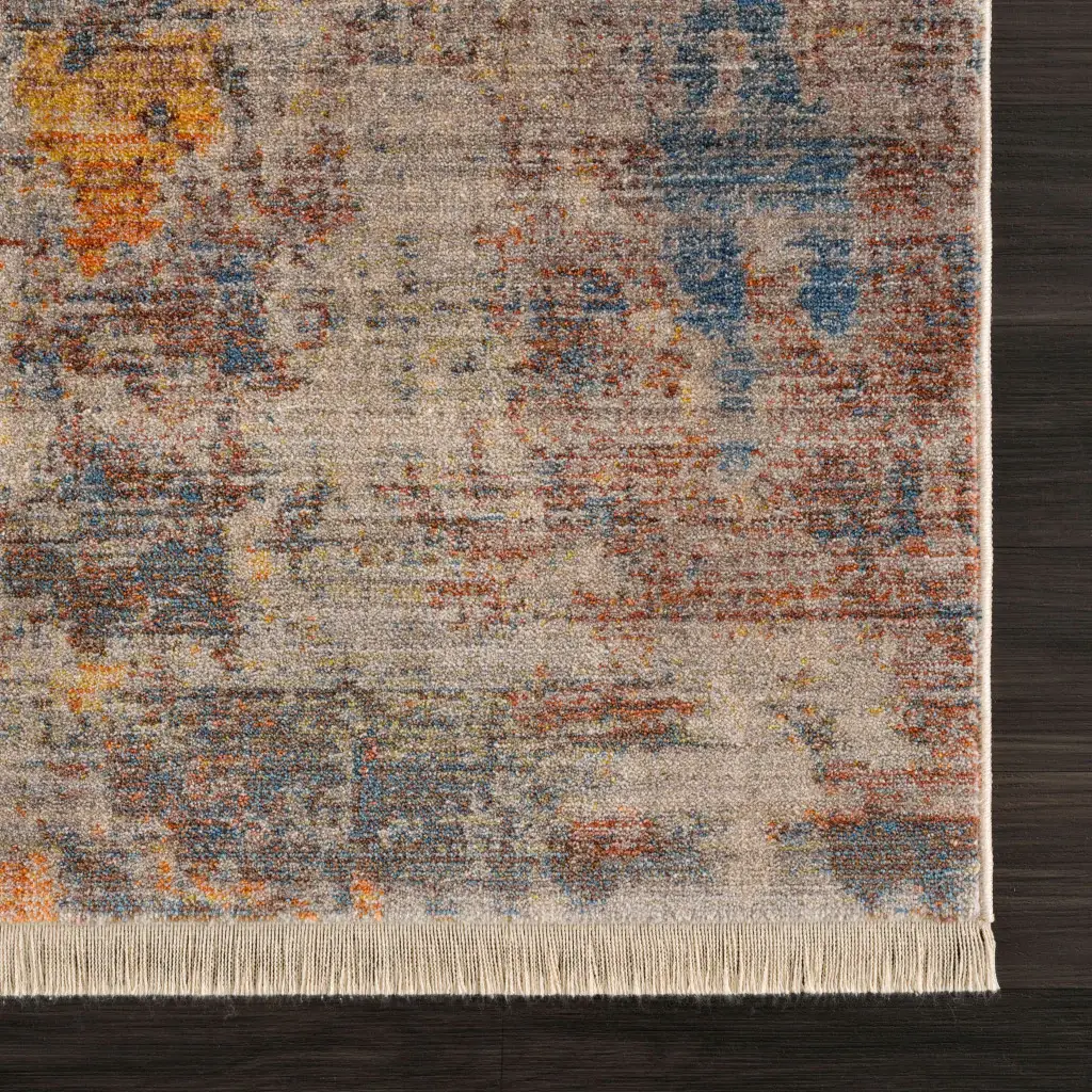 5' X 8' Gray Beige Blue And Yellow Abstract Power Loom Distressed Stain Resistant Area Rug - Image 2