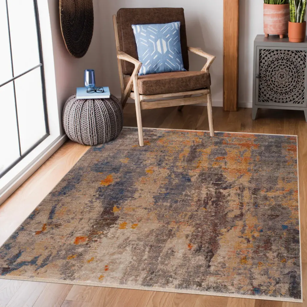 5' X 8' Gray Beige Blue And Yellow Abstract Power Loom Distressed Stain Resistant Area Rug - Image 5