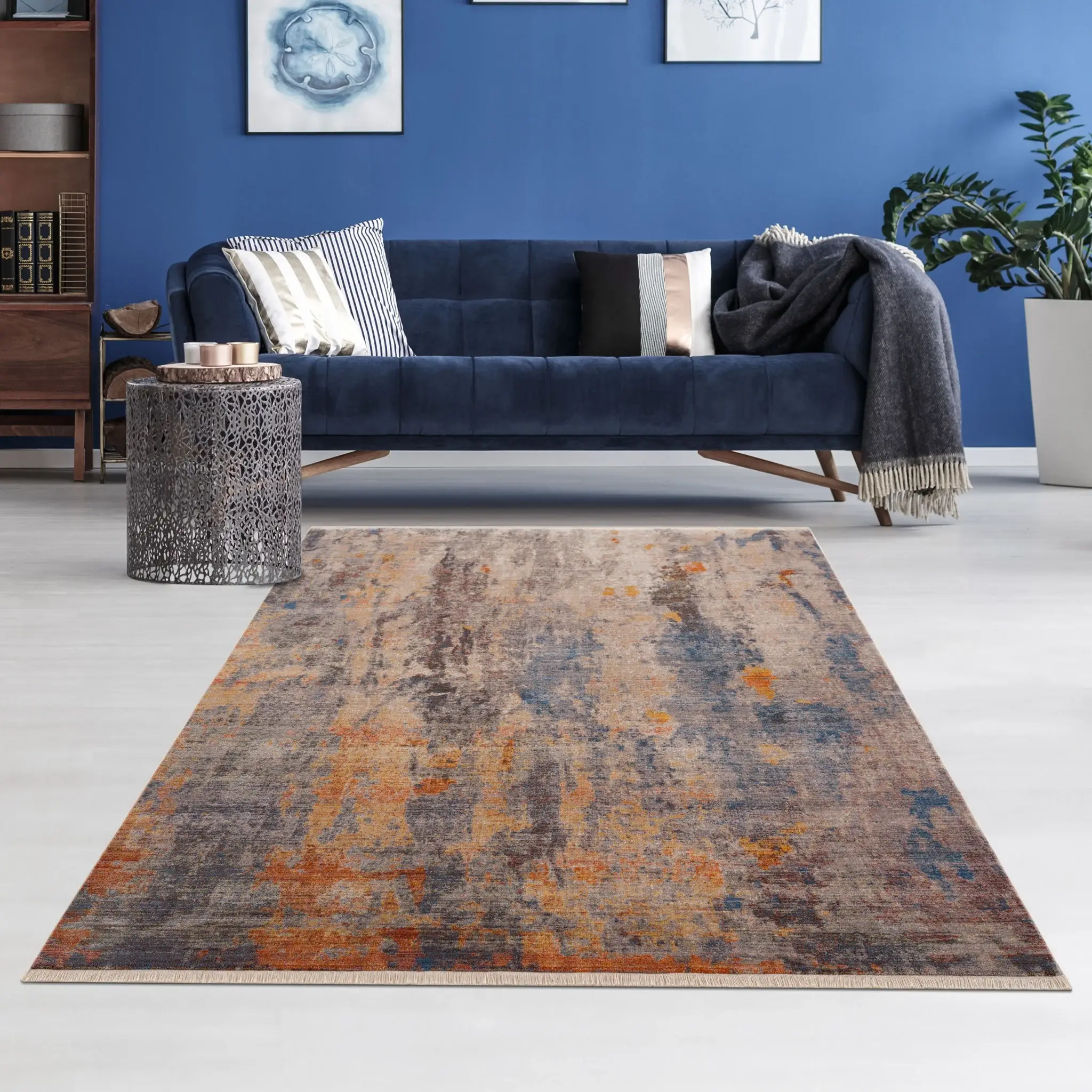 5' X 8' Gray Beige Blue And Yellow Abstract Power Loom Distressed Stain Resistant Area Rug - Image 6