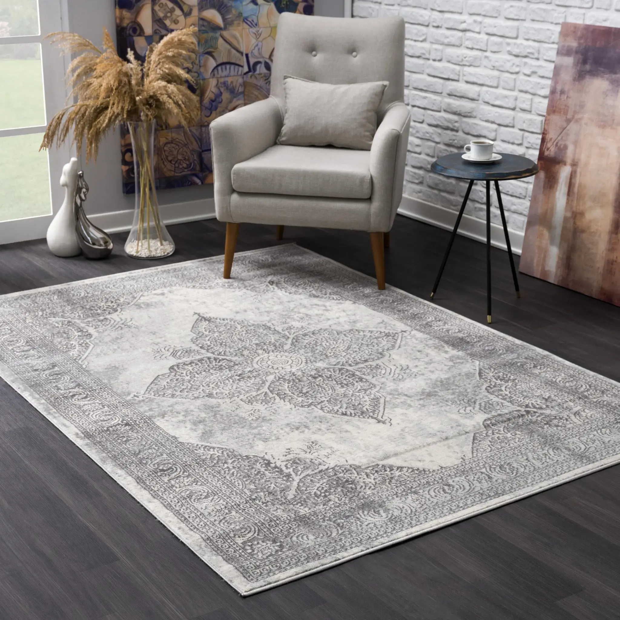 5' X 8' Gray Distressed Medallion Area Rug - Image 6