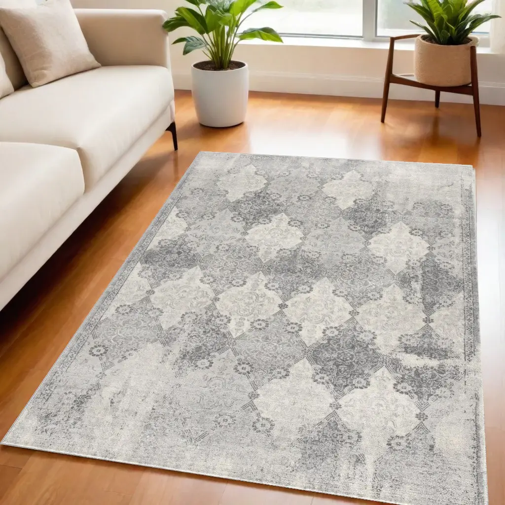5' X 8' Gray Distressed Trellis Pattern Area Rug - Image 4