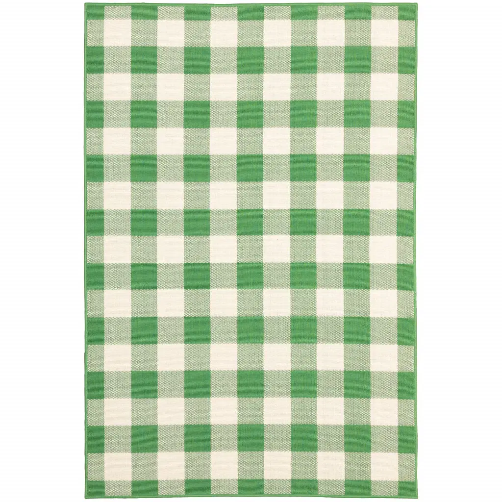 5' X 8' Green and Ivory Geometric Stain Resistant Indoor Outdoor Area Rug