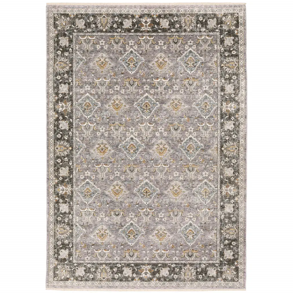 5' X 8' Grey And Blue Oriental Power Loom Stain Resistant Area Rug With Fringe - Image 2