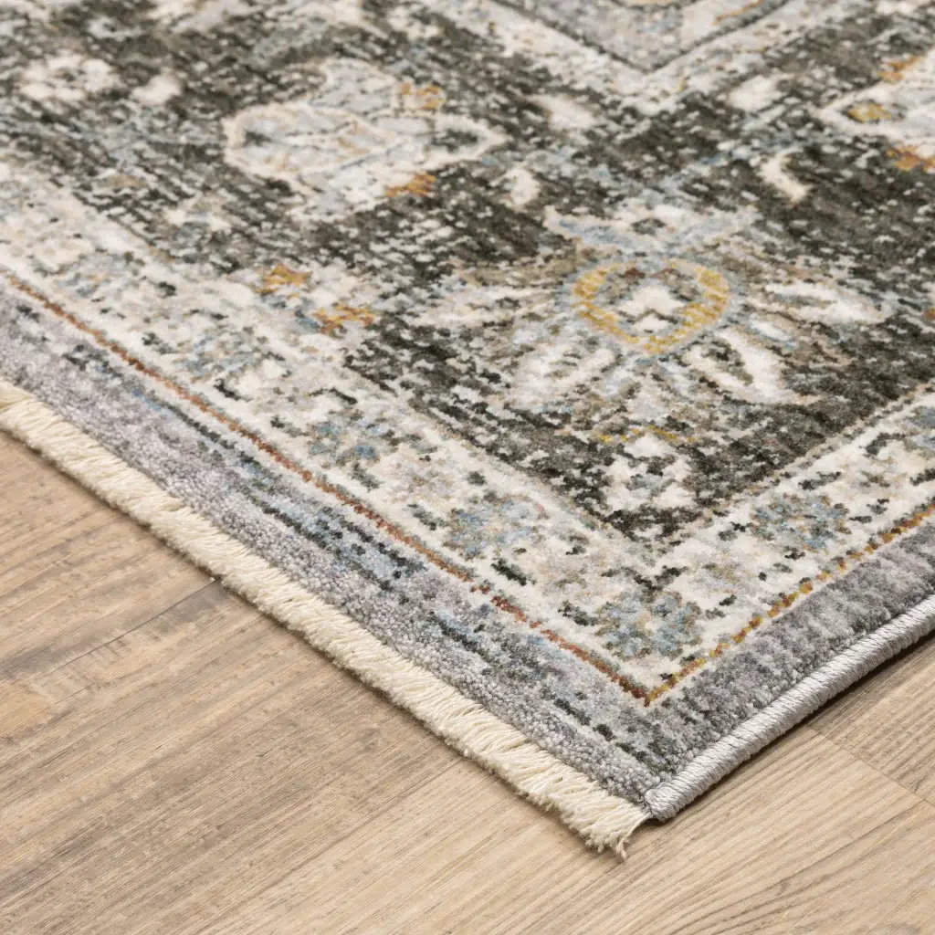 5' X 8' Grey And Blue Oriental Power Loom Stain Resistant Area Rug With Fringe - Image 6
