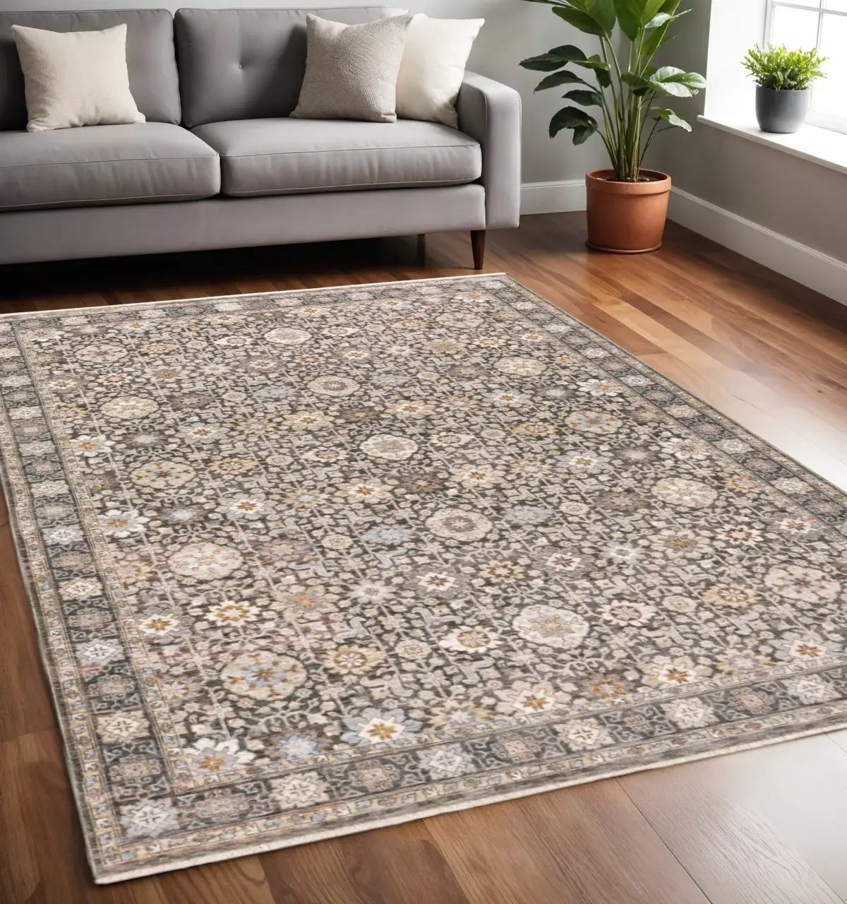 5' X 8' Grey And Ivory Oriental Power Loom Stain Resistant Area Rug With Fringe
