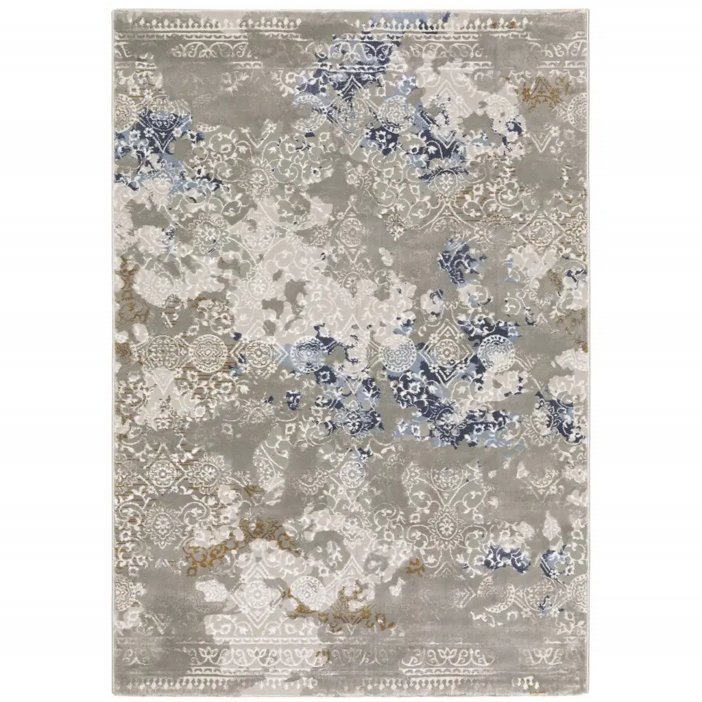 5' X 8' Grey Blue Ivory Brown And Navy Abstract Power Loom Stain Resistant Area Rug - Image 2