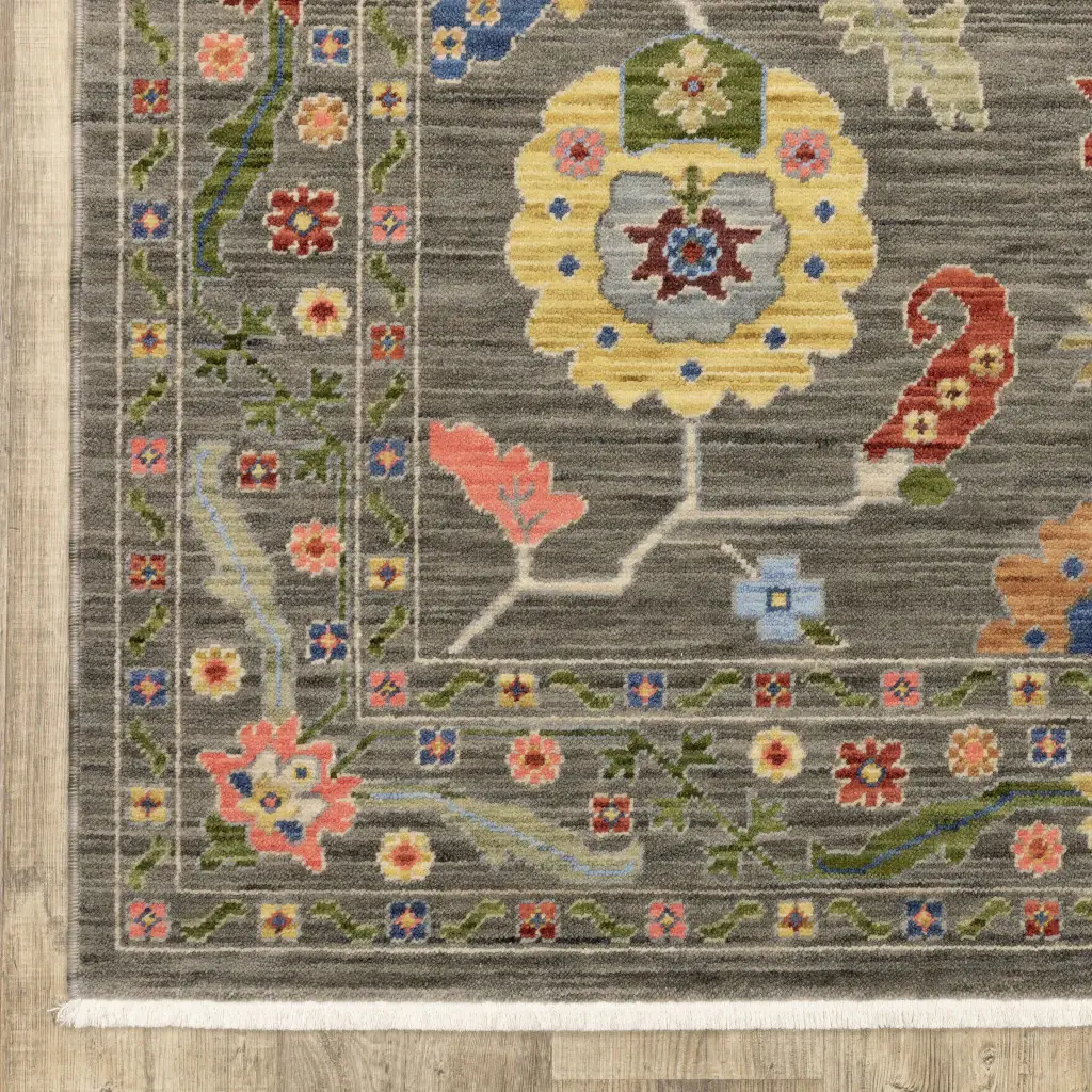 5' X 8' Grey Blue Pink Orange Rust Red Green And Ivory Oriental Power Loom Stain Resistant Area Rug With Fringe - Image 4