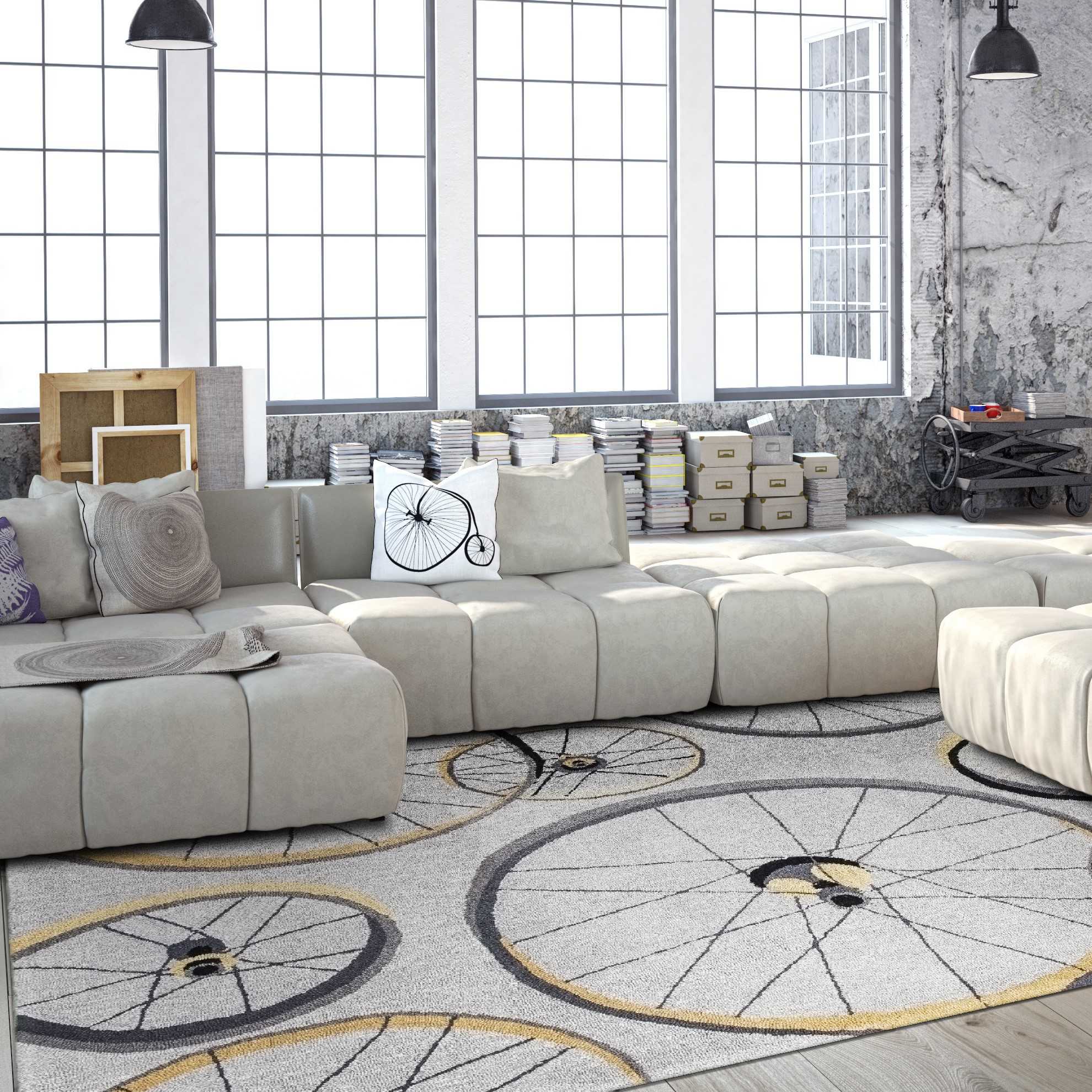 5' X 8' Grey Hand Hooked Wheels Indoor Area Rug - Image 4