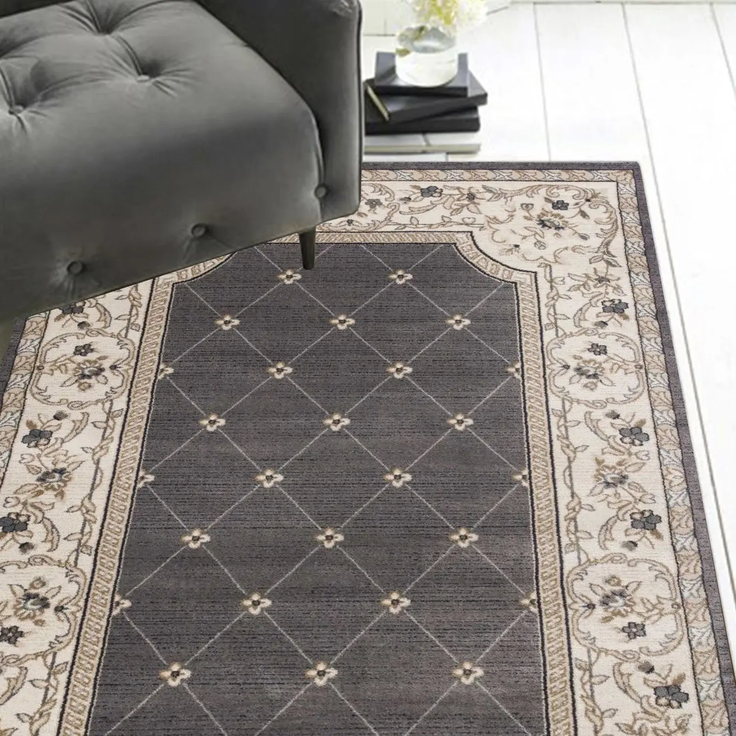 5' X 8' Grey Ivory Bordered Floral Indoor Area Rug - Image 5