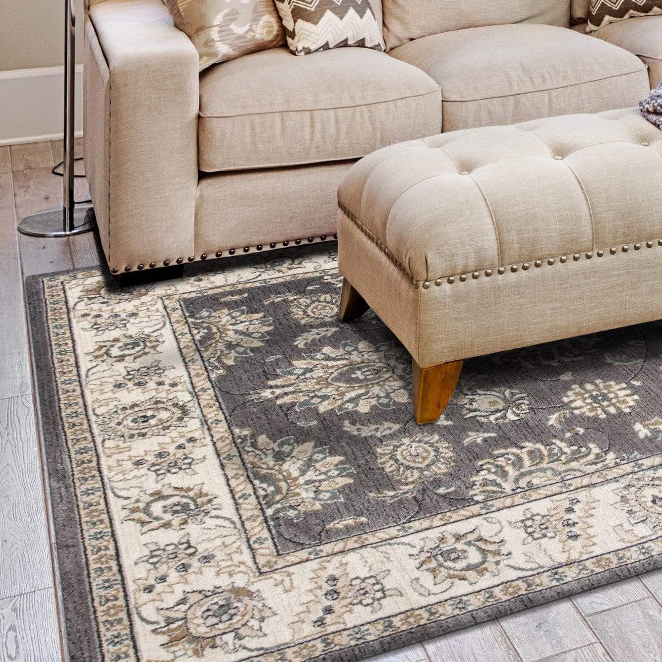 5' X 8' Grey Or Ivory Floral Vines Bordered Area Rug - Image 3