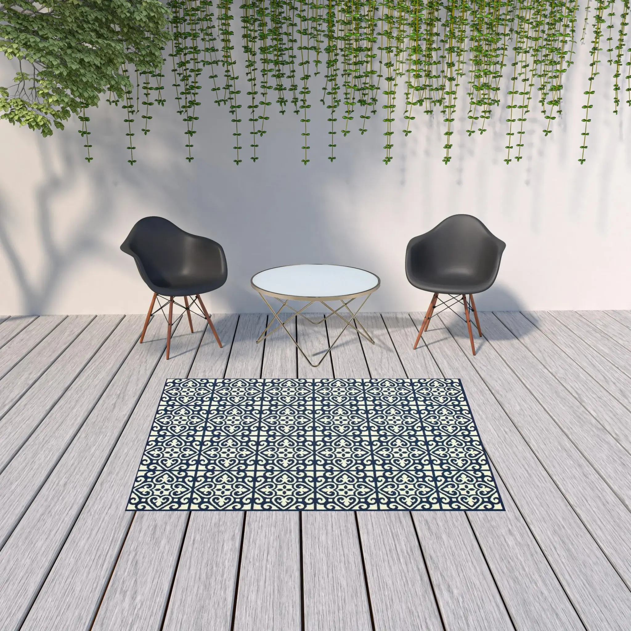 5' X 8' Ivory and Blue Geometric Stain Resistant Indoor Outdoor Area Rug - Image 2
