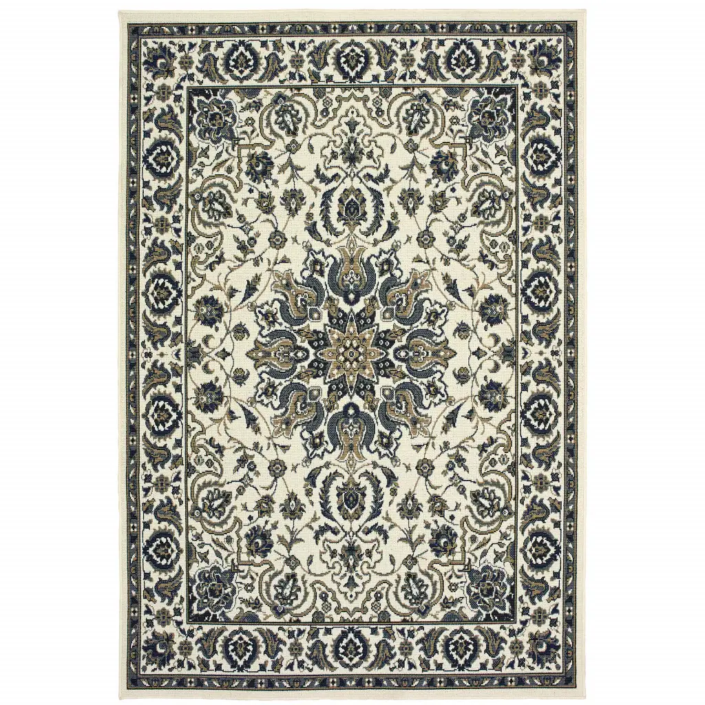 5' X 8' Ivory and Blue Oriental Stain Resistant Indoor Outdoor Area Rug