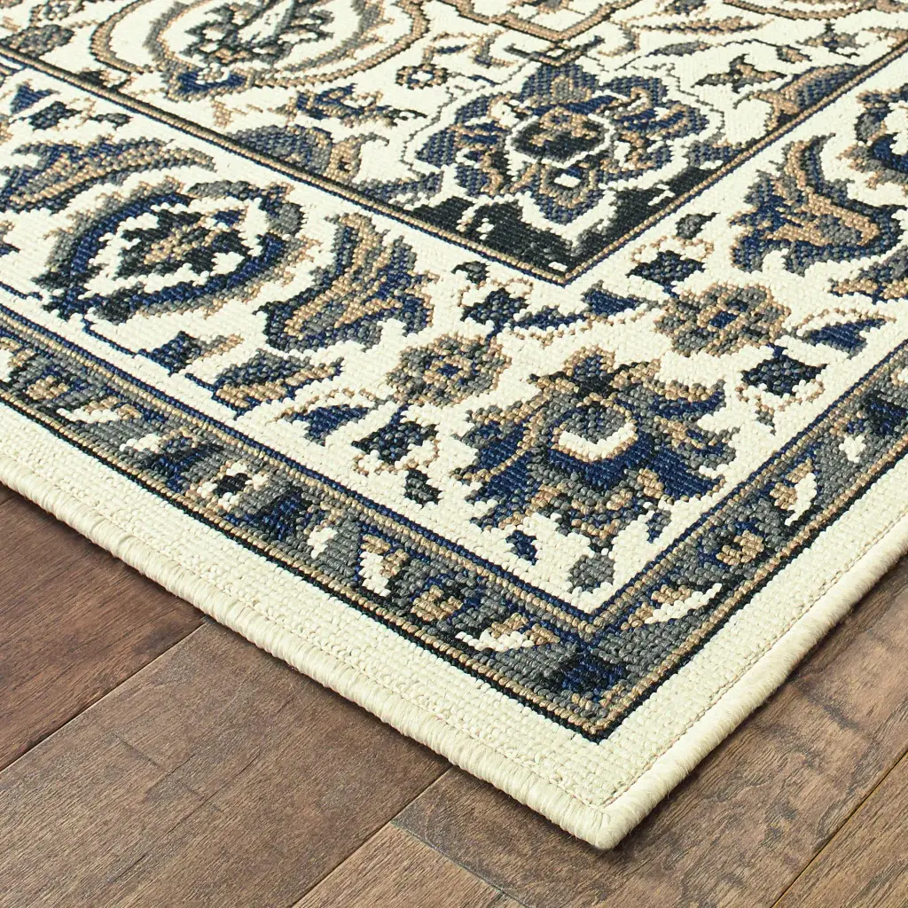 5' X 8' Ivory and Blue Oriental Stain Resistant Indoor Outdoor Area Rug - Image 3