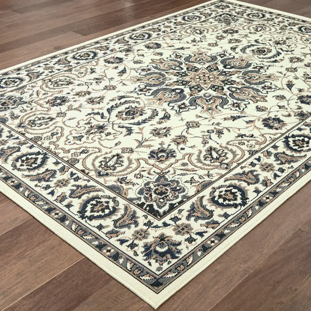 5' X 8' Ivory and Blue Oriental Stain Resistant Indoor Outdoor Area Rug - Image 4