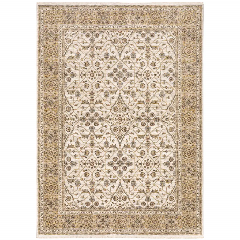 5' X 8' Ivory And Gold Oriental Power Loom Stain Resistant Area Rug With Fringe - Image 2