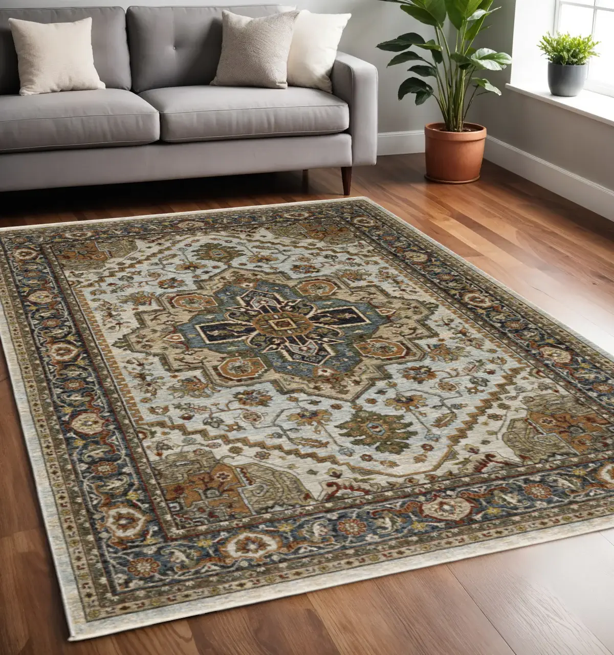 5' X 8' Ivory Beige Blue Orange Gold Green Grey And Rust Oriental Power Loom Stain Resistant Area Rug With Fringe