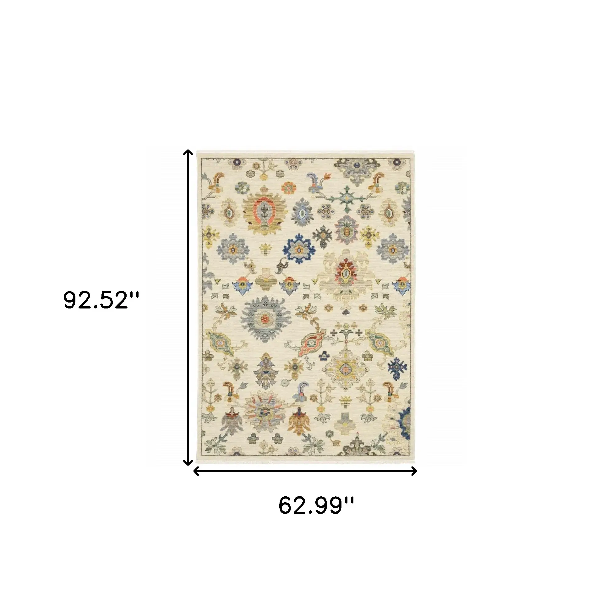 5' X 8' Ivory Beige Gold Grey Blue Pink Red Rust And Green Oriental Power Loom Stain Resistant Area Rug With Fringe - Image 3